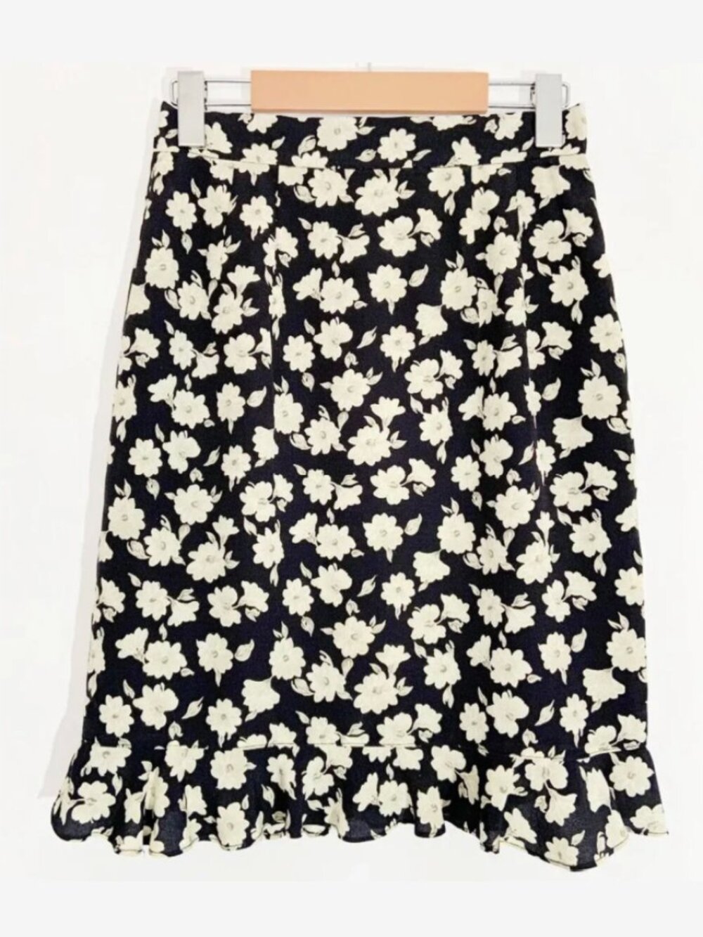 Vintage Black Floral Print Ruffle Hem Mini Skirt / Made in France / size Small